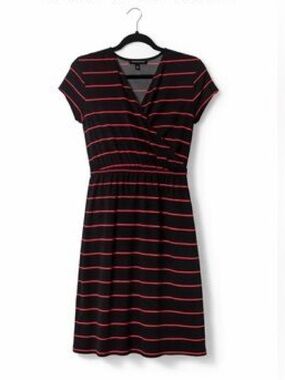 Banana Republic Black Red Stripe V-Neck Faux Wrap Dress 80s 70s